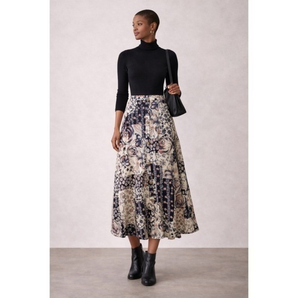 SJS Blue Patchwork Floral Button Front Maxi Skirt Jersey Knit‎ Size Large